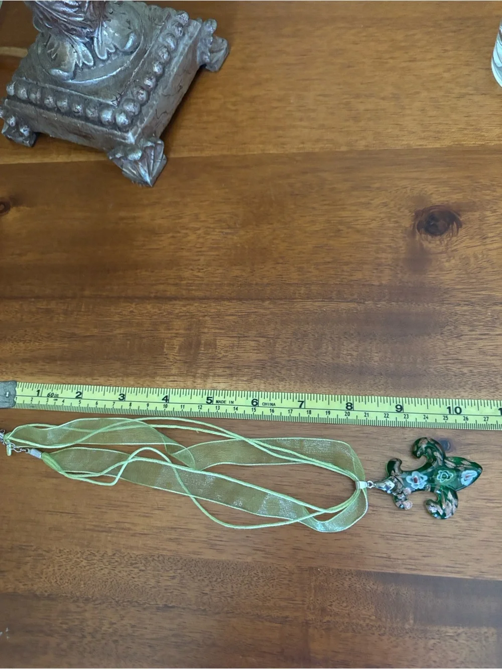 Source Unknown Green Floral Frog Pendant Necklace with Light Green Ribbon